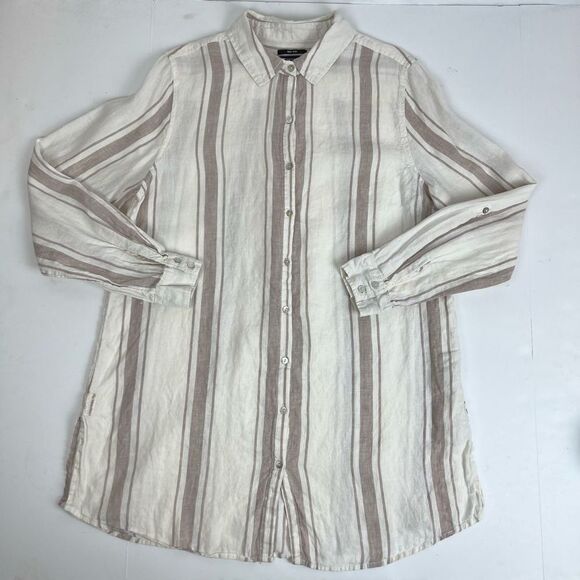 Jones New York 100% Linen White Striped Long Sleeve Tunic Button Down Up Women’s - Picture 15 of 16